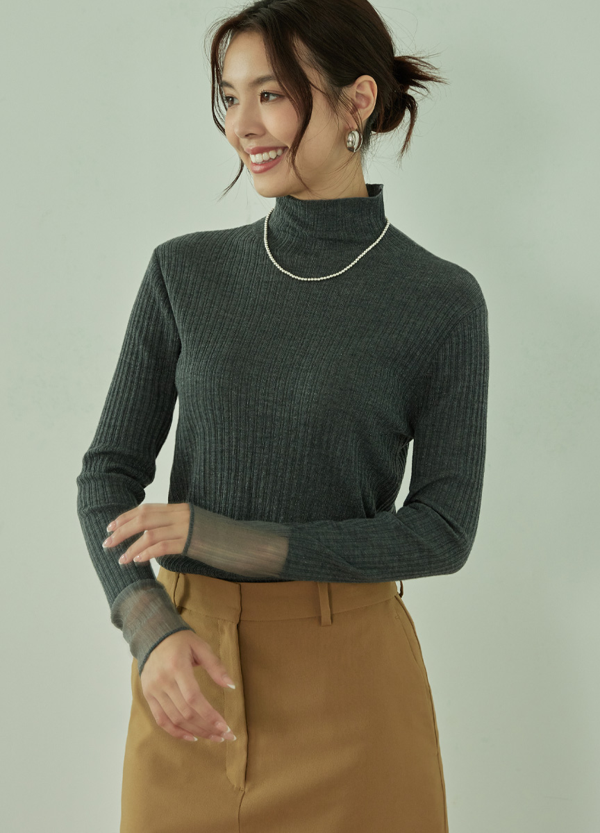 混毛袖口撞色高領針織上衣