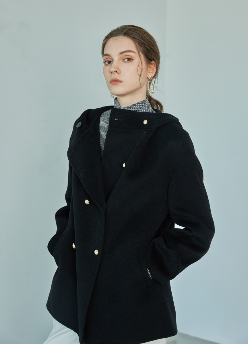 都會羊絨連帽雙釦大衣