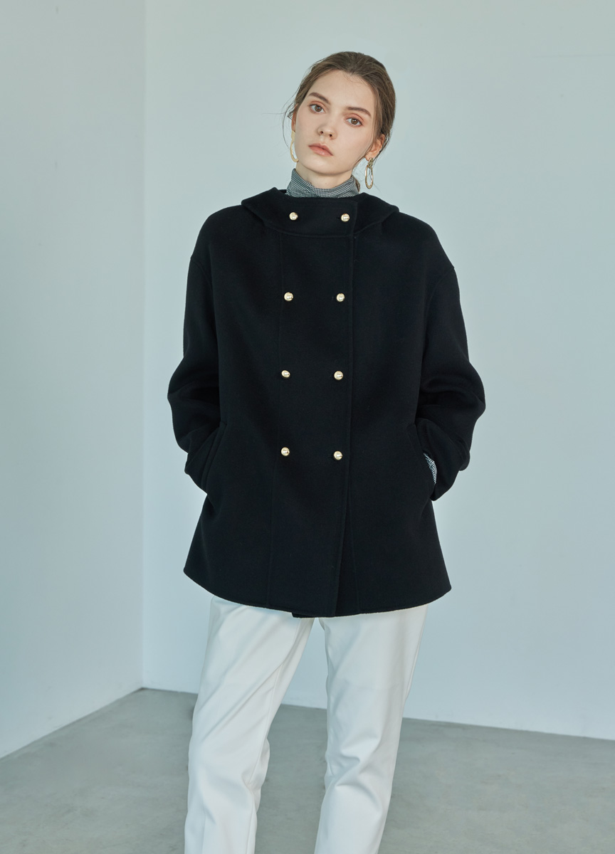 都會羊絨連帽雙釦大衣