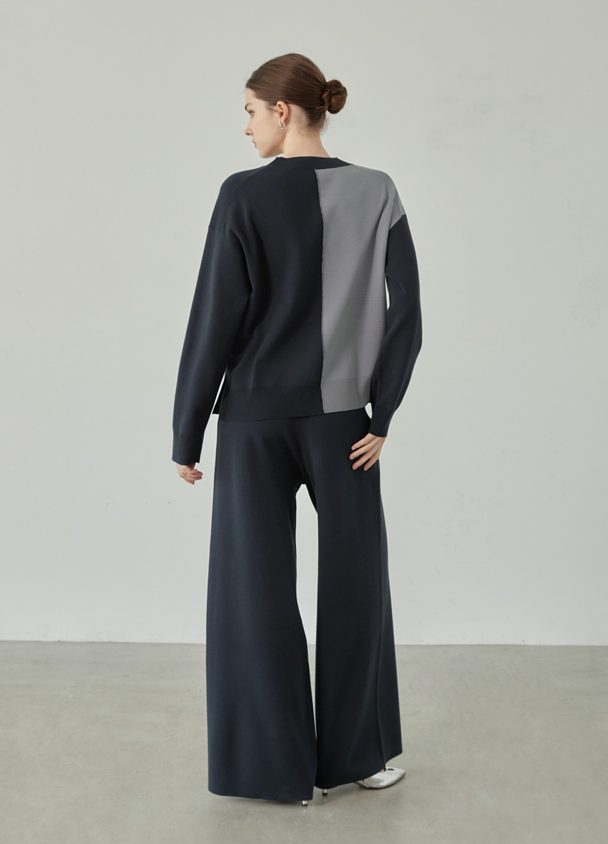 配色剪接系列針織長寬褲