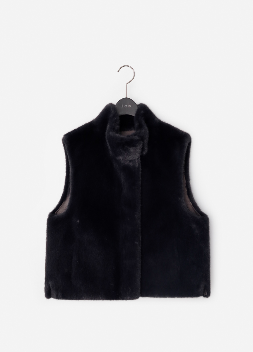 柔光仿貂毛立領背心