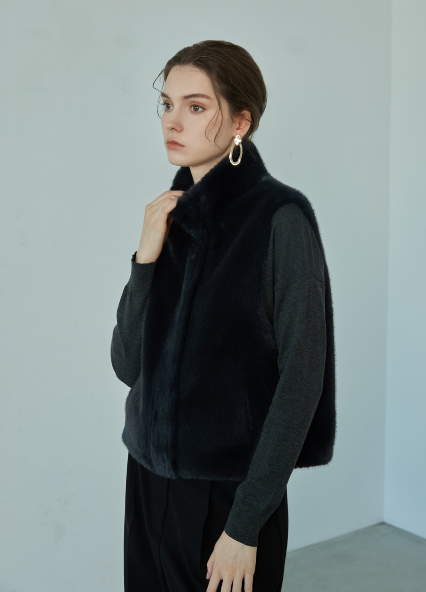 柔光仿貂毛立領背心