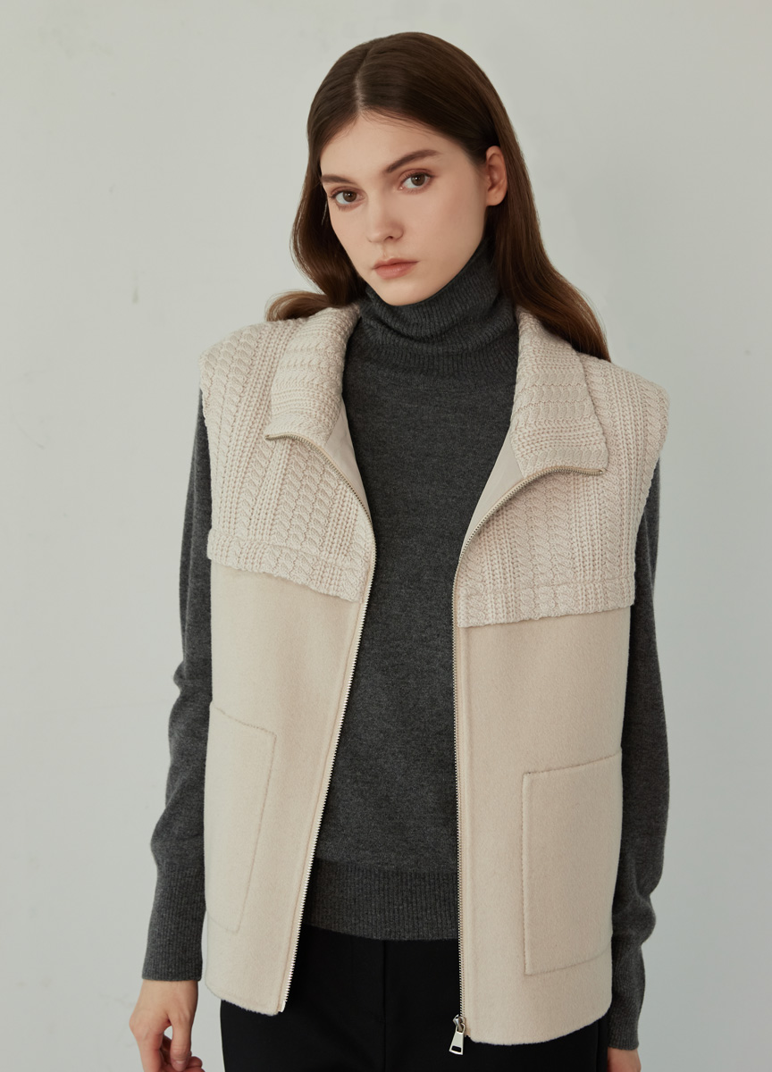 針織立領混搭羊絨背心