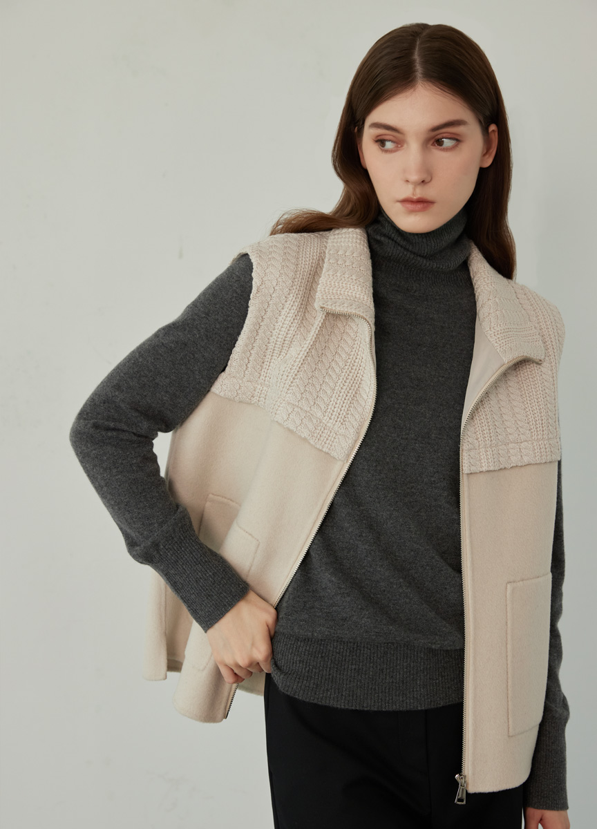 針織立領混搭羊絨背心