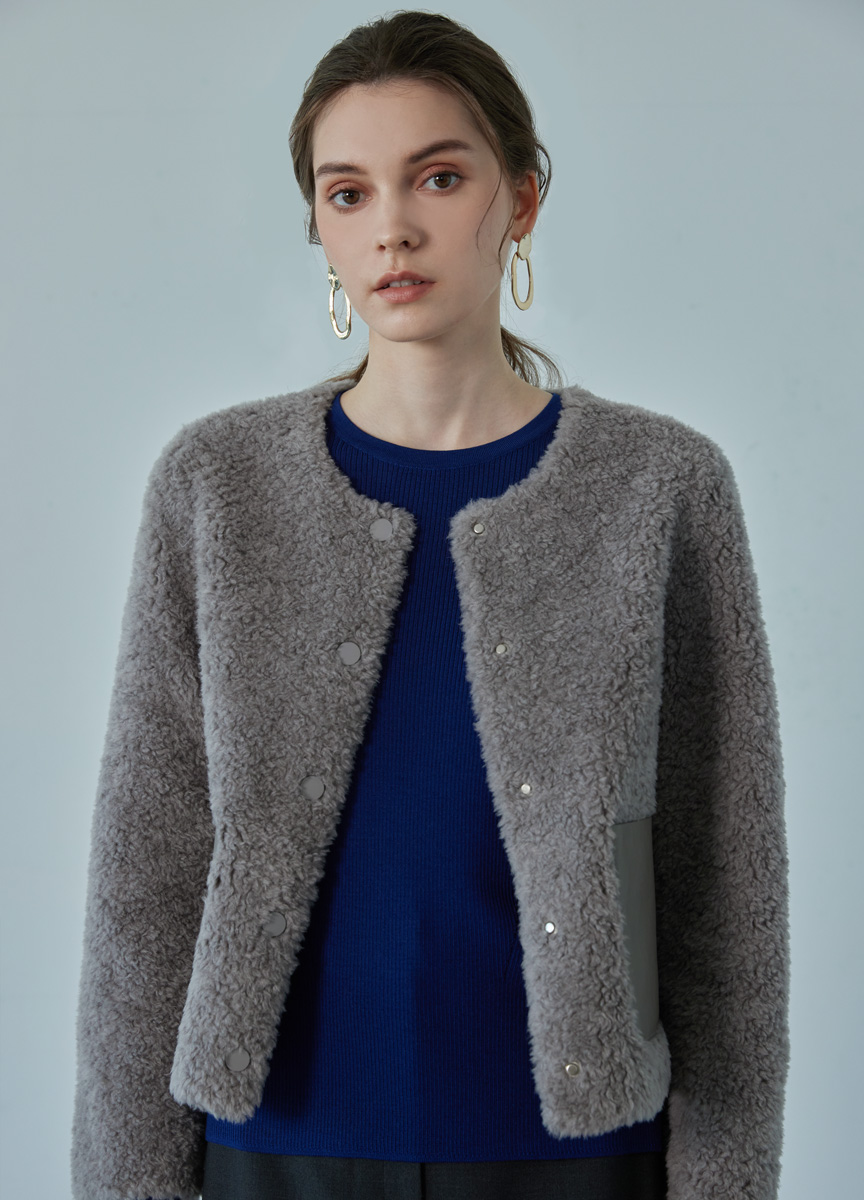 捲毛羊絨拼皮短版外套