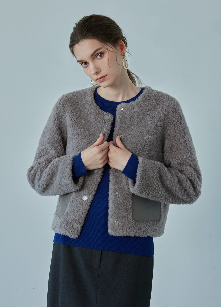 捲毛羊絨拼皮短版外套