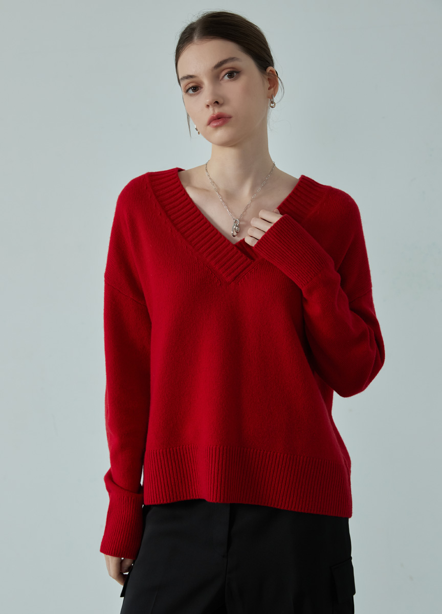 簡約亮彩V領純羊毛針織上衣 