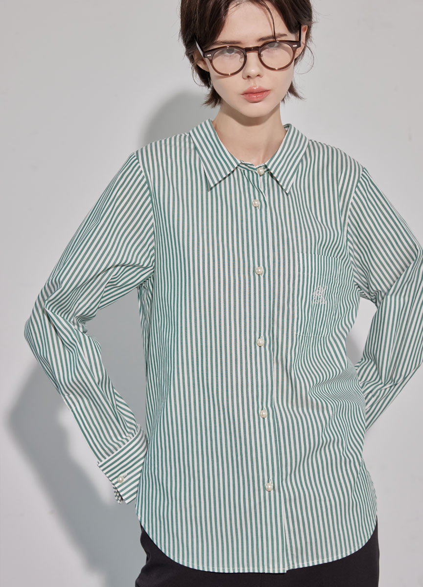直紋珍珠釦2WAY襯衫