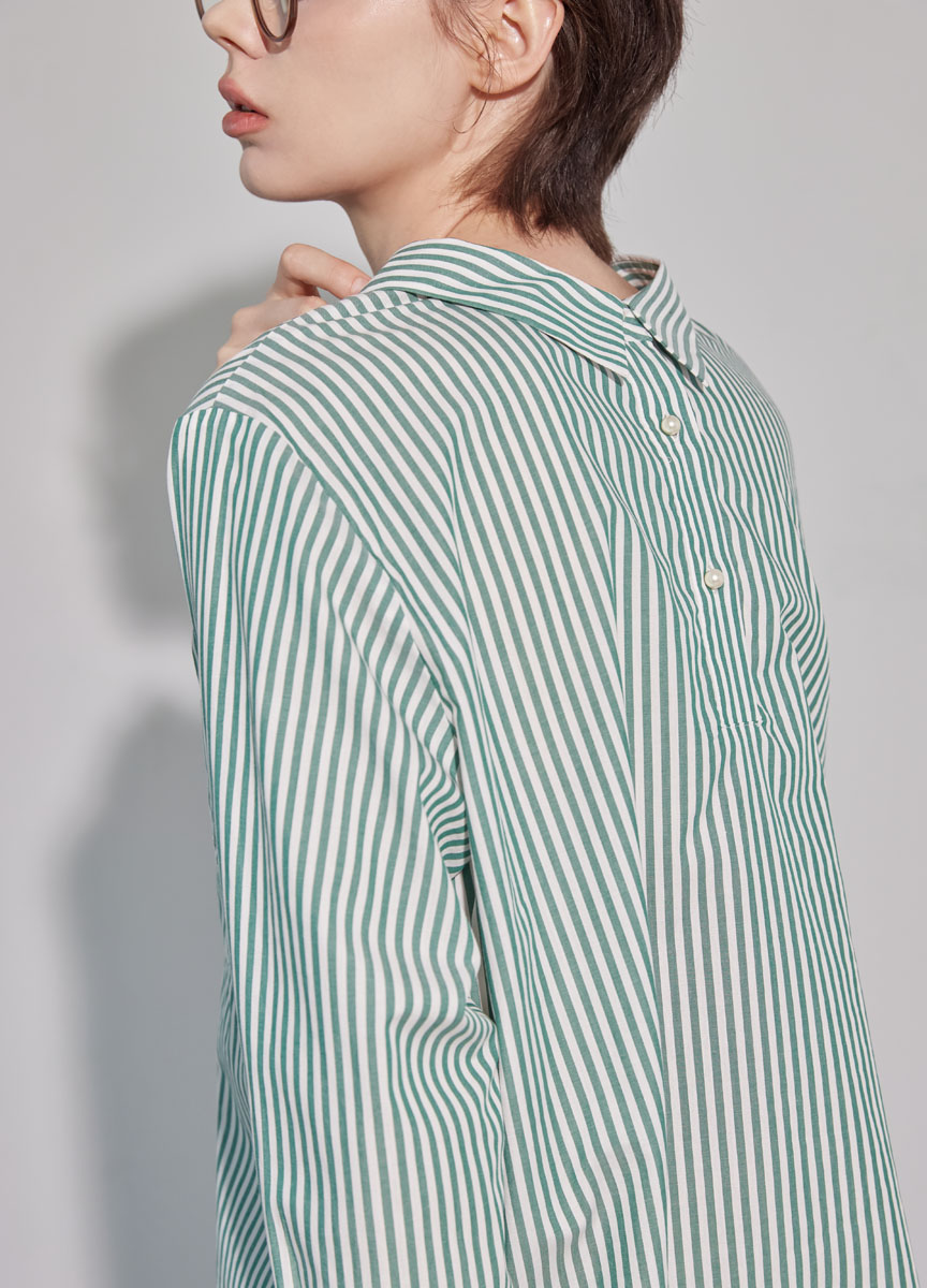 直紋珍珠釦2WAY襯衫