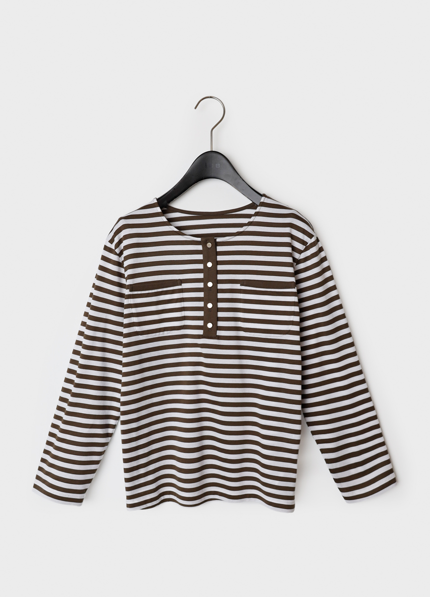 條紋金釦七分袖棉衫