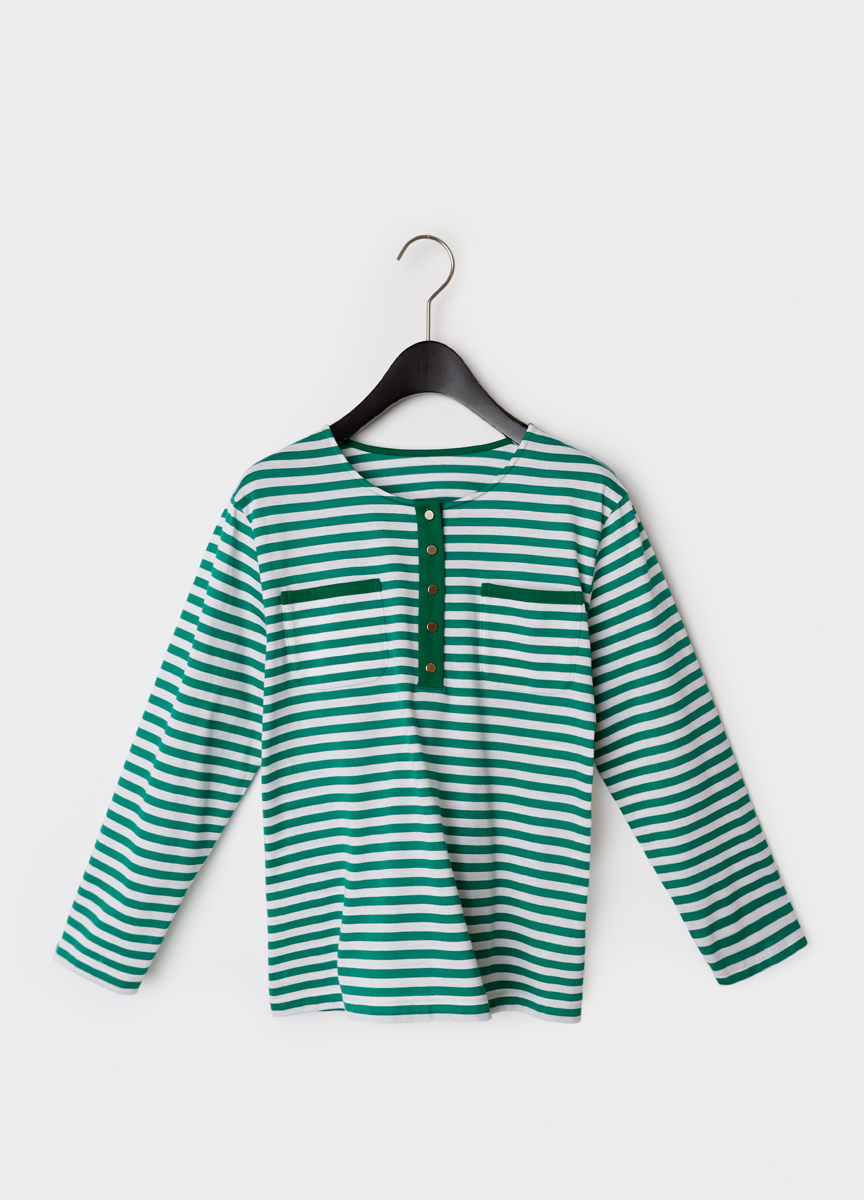 條紋金釦七分袖棉衫