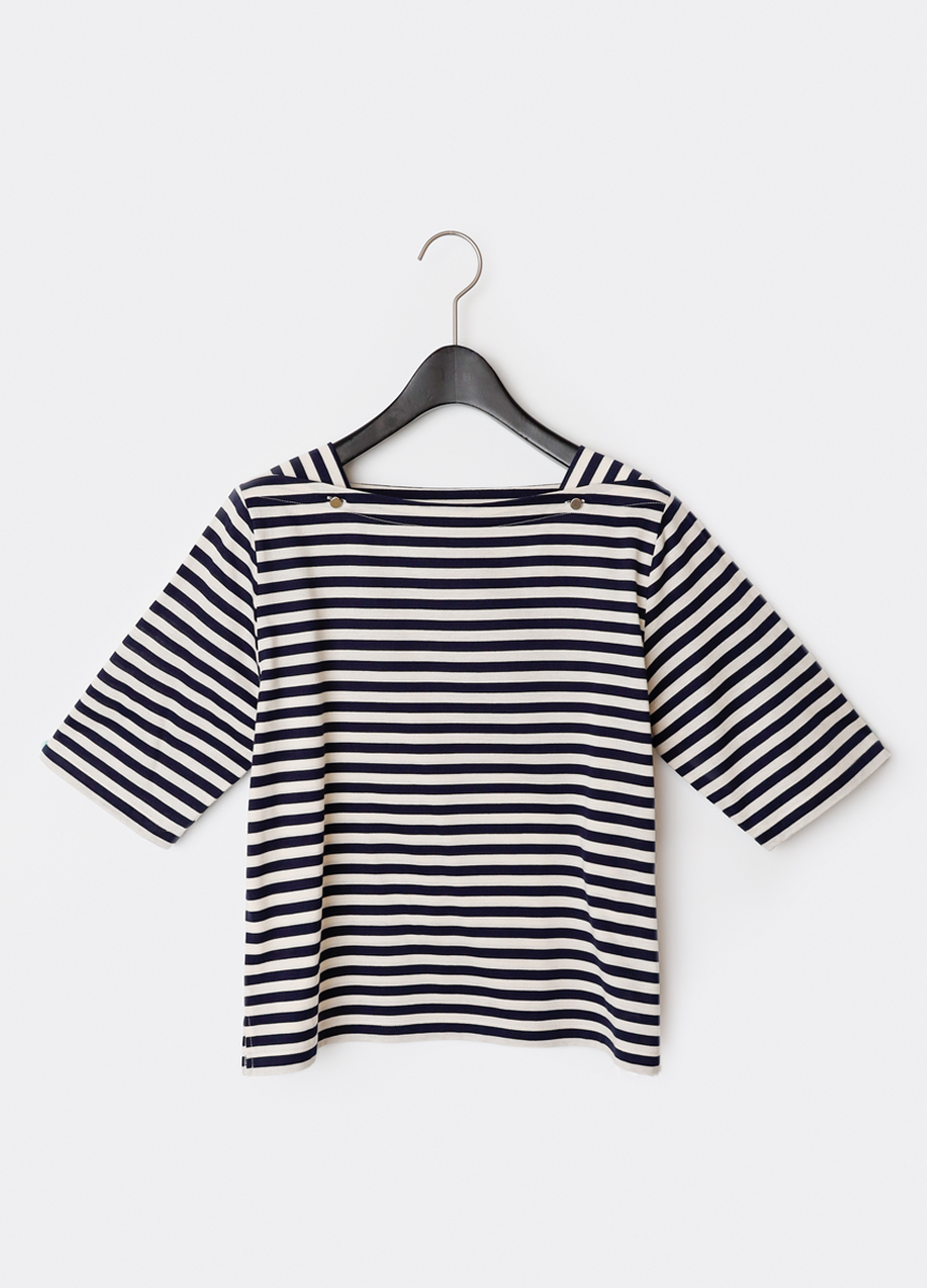 條紋金釦設計領短袖棉衫