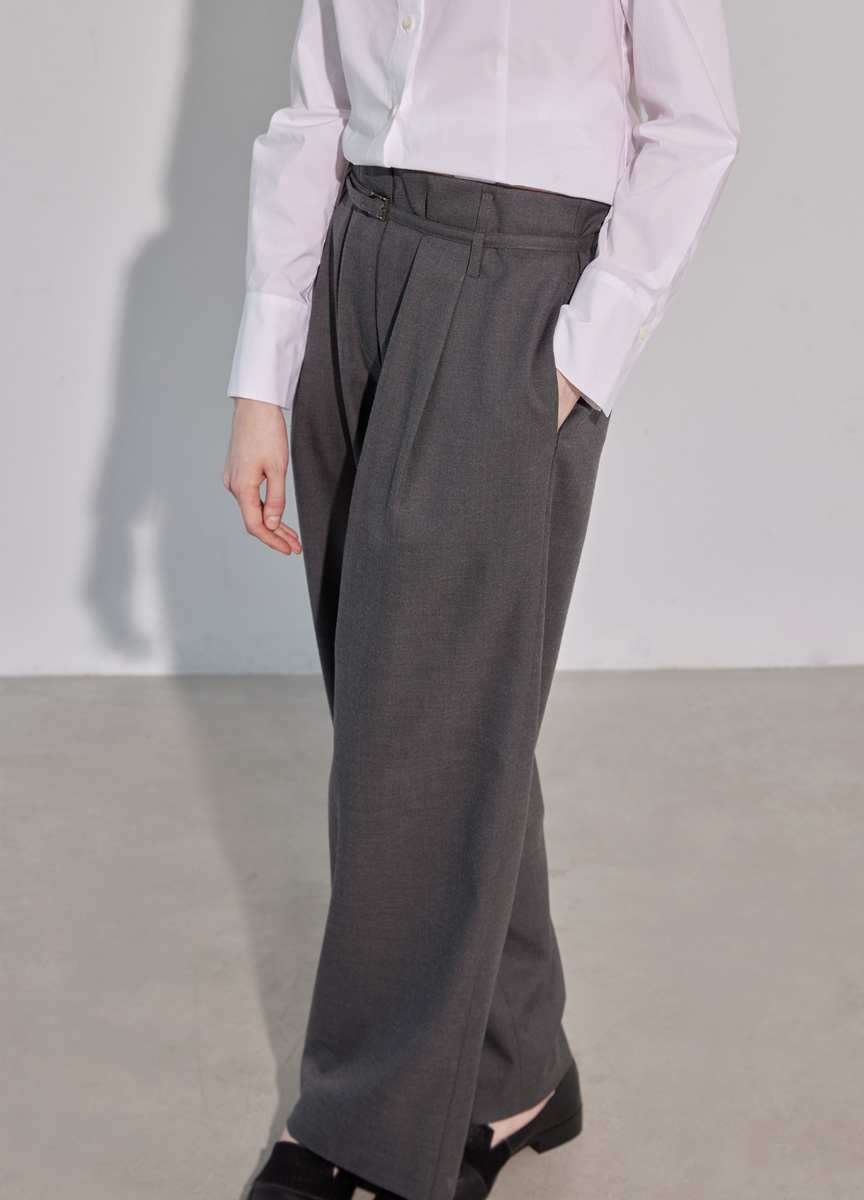 質感混毛斜紋腰帶直筒褲