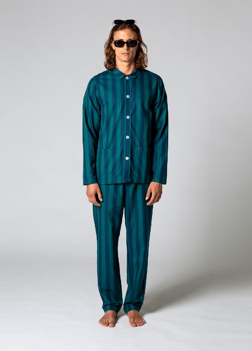 有機棉條紋睡衣套裝(藍色X綠色粗條紋)