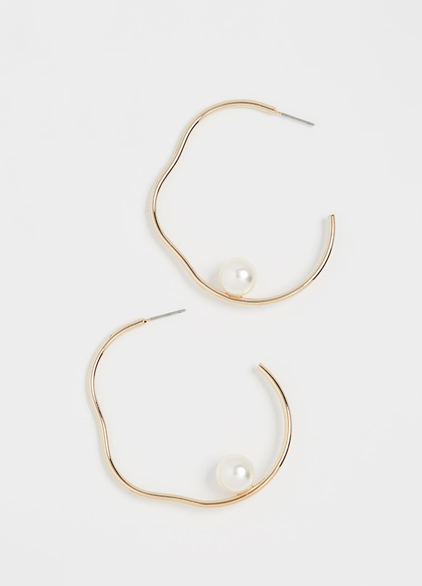 不規則弧形珍珠耳環-金